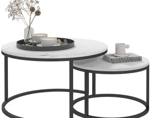 HOMCOM 2 Pcs Stacking Coffee Table Set Steel Frame Marble-Effect Top Foot Pads