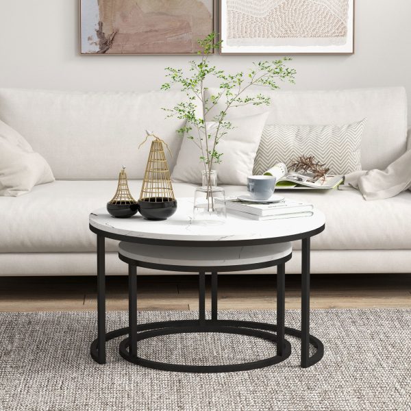 HOMCOM 2 Pcs Stacking Coffee Table Set Steel Frame Marble-Effect Top Foot Pads - Image 8