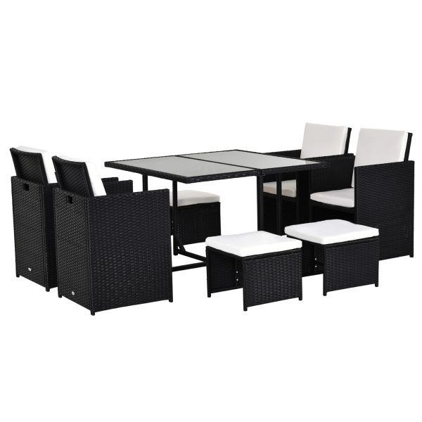Rattan 9 Pcs Dining Set - Black W/Milk White Cushions