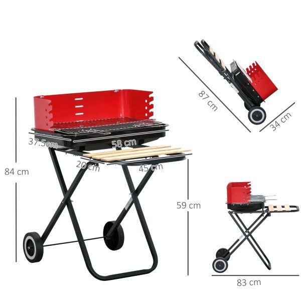 Foldable Charcoal Barbecue Grill W/ Wheels-Red & Black - Image 5