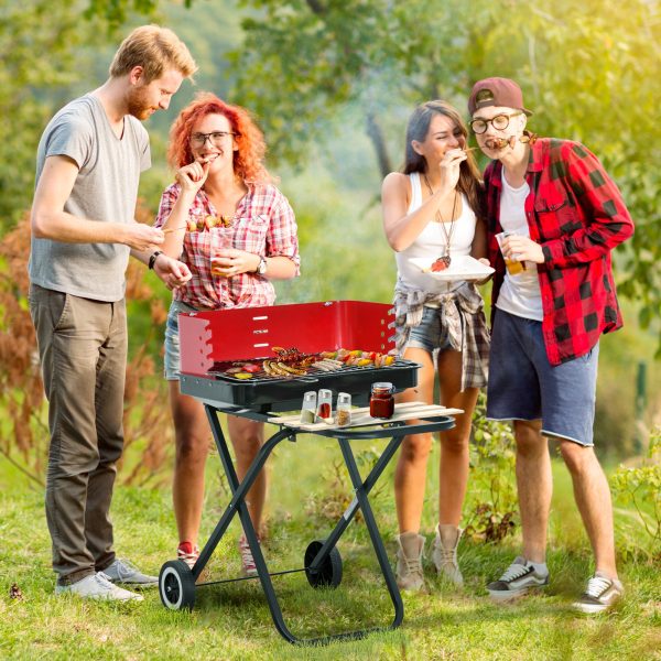 Foldable Charcoal Barbecue Grill W/ Wheels-Red & Black - Image 2