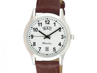 Ravel Mens Stainless Steel Day/Date Brown Faux Leather Strap Watch R0706.41.1