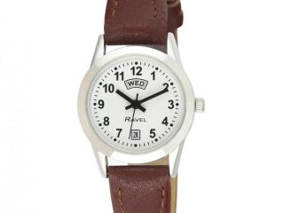 Ravel Womens Stainless Steel Day/Date Brown Faux Leather Strap Watch R0706.41.2
