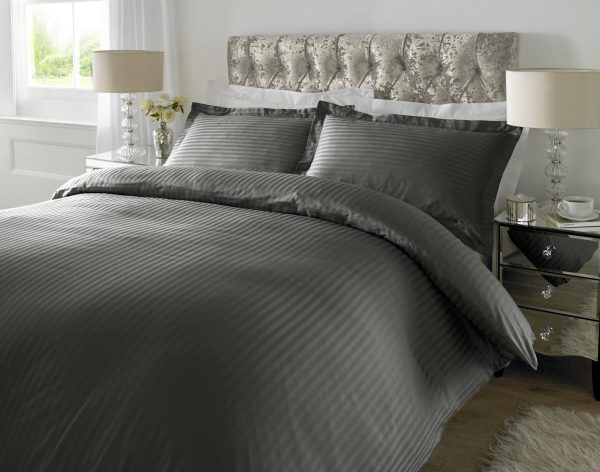 300 TC - 100% Cotton Sateen Stripe Duvet Cover Set Steel Grey