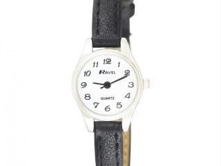 Ravel Ladies Polished Round Petite Sillver Case Black Strap Watch R0124.13.2