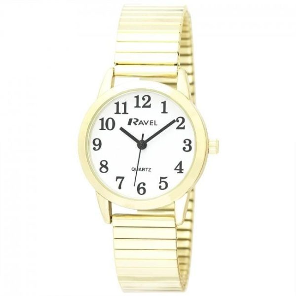 Ravel Ladies Bold Number White Dial Gold Expander Bracelet Watch R0232.02.2