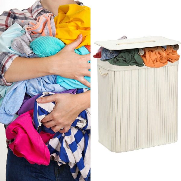 Rectangular Bamboo Laundry Basket-White with Divider - Image 2