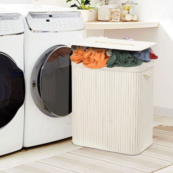 Rectangular Bamboo Laundry Basket-White with Divider - Image 5