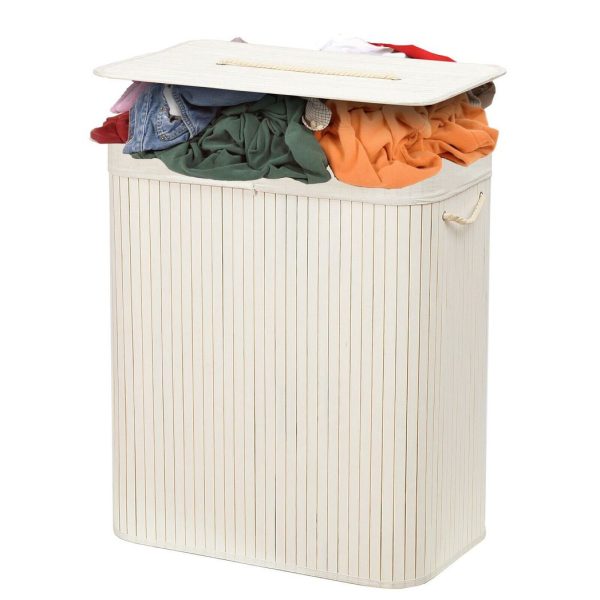 Rectangular Bamboo Laundry Basket-White with Divider - Image 6