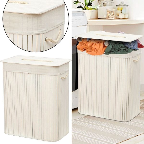 Rectangular Bamboo Laundry Basket-White with Divider - Image 8