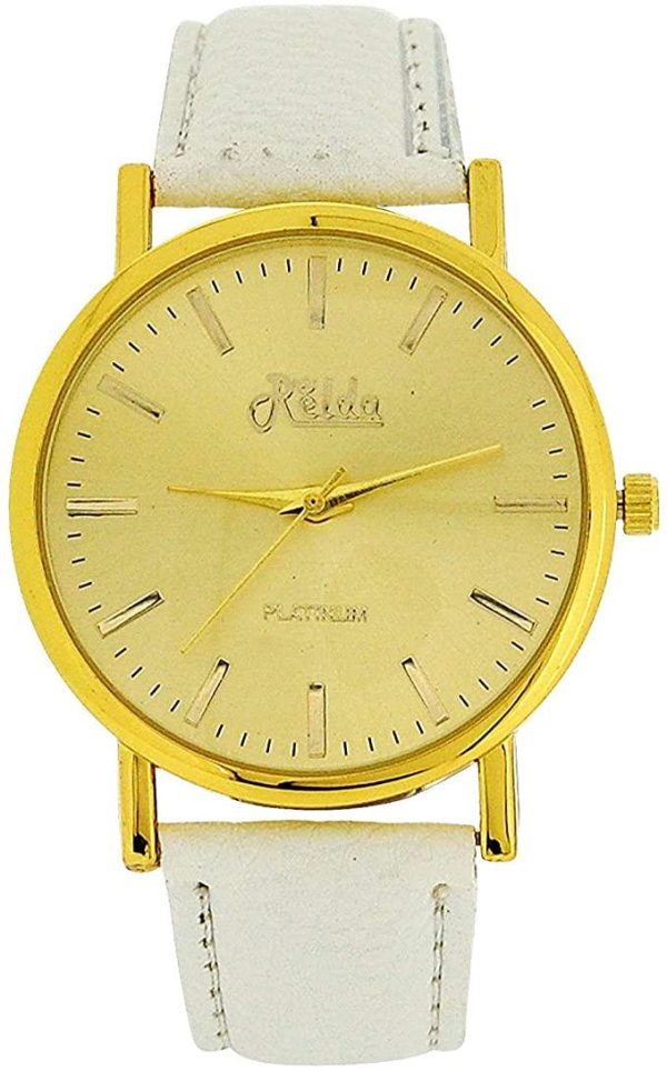 Relda Women Analogue Jumbo Goldtone Dial & Leather White Strap Buckle REL63