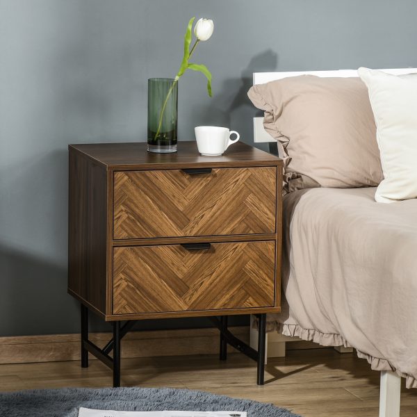 Side Cabinetwith 2 Storage Drawer Unit Herringbone Pattern, Walnut Brown - Image 2