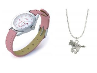 Relda Pink Horse Watch and Girls Jewellery Set – Watch Gift Set for Kids with Silvertone Horse Necklace & Bracelet REL24