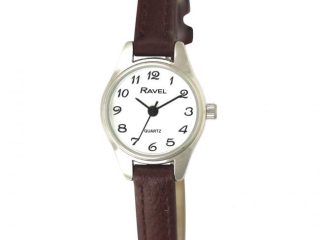 Ravel Ladies Polished Round Petite Gilt Case Brown Strap Watch R0124.14.2