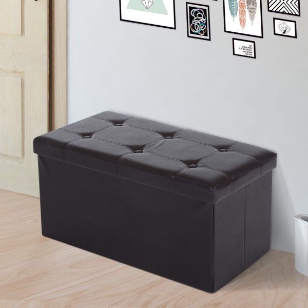 Folding Faux Leather Storage Cube Ottoman Bench Seat Brown - Image 2
