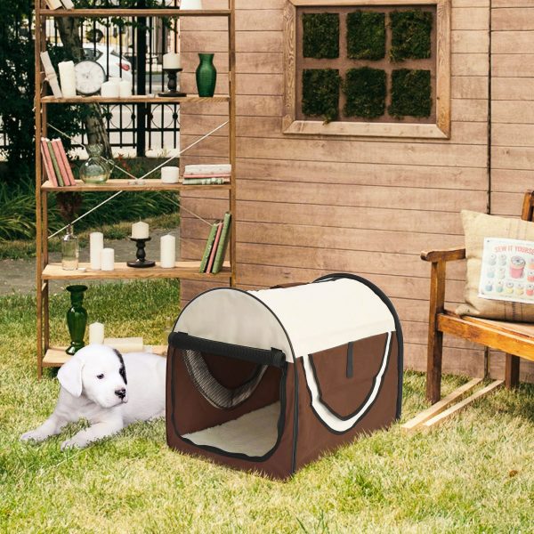 Folding Fabric Soft Pet Crate Dog Cat Travel Carrier Cage Kennel House Brown - Image 2