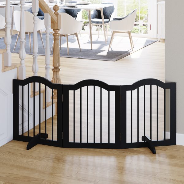 3 Panels Dog Gate w/ Support Feet Fence Safety Barrier Freestanding Wood Black - Image 2