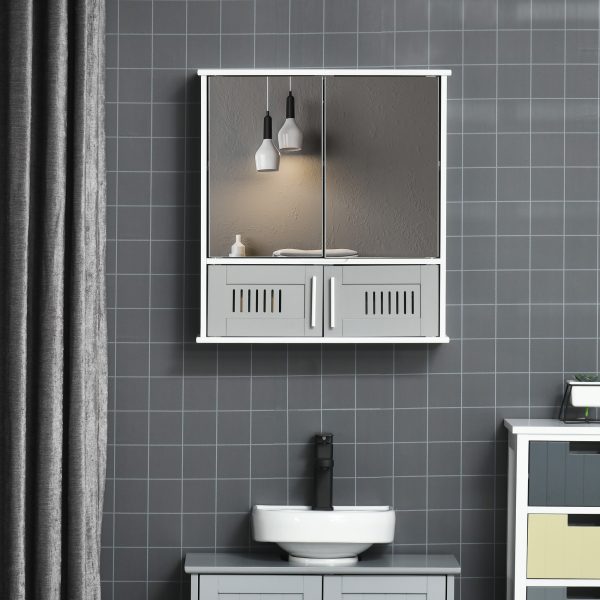 Bathroom Mirror Cabinet, Wall Mounted Storage Cupboard with Double Doors Grey - Image 2