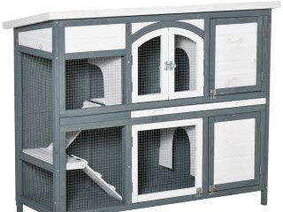 Two-Tier Wooden Rabbit Hutch Bunny Run w/ Openable Roof, Slide-Out Tray, Ramp
