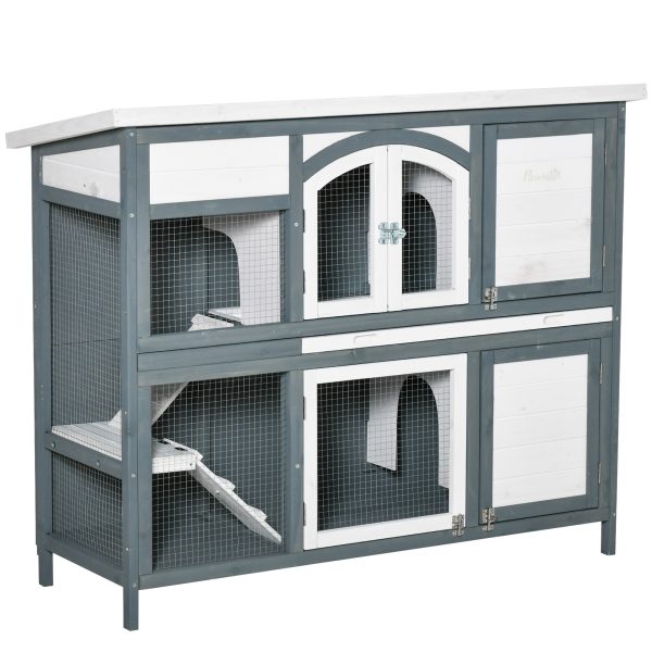 Two-Tier Wooden Rabbit Hutch Bunny Run w/ Openable Roof, Slide-Out Tray, Ramp