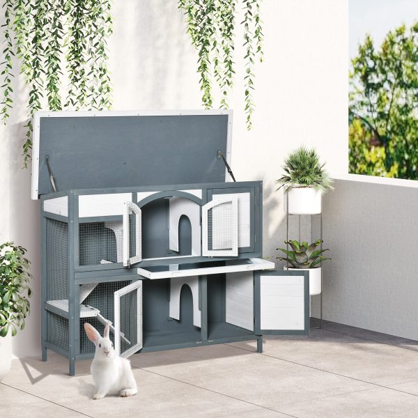 Two-Tier Wooden Rabbit Hutch Bunny Run w/ Openable Roof, Slide-Out Tray, Ramp - Image 2