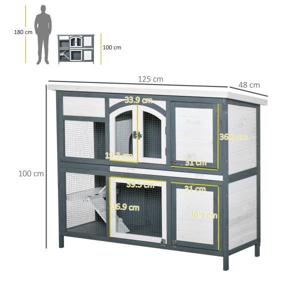 Two-Tier Wooden Rabbit Hutch Bunny Run w/ Openable Roof, Slide-Out Tray, Ramp - Image 3