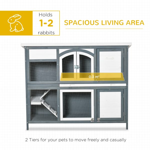 Two-Tier Wooden Rabbit Hutch Bunny Run w/ Openable Roof, Slide-Out Tray, Ramp - Image 4