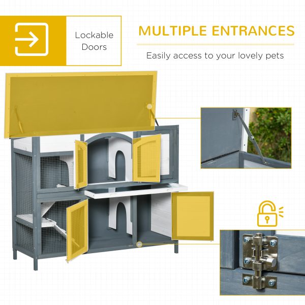Two-Tier Wooden Rabbit Hutch Bunny Run w/ Openable Roof, Slide-Out Tray, Ramp - Image 5