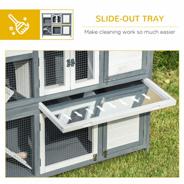 Two-Tier Wooden Rabbit Hutch Bunny Run w/ Openable Roof, Slide-Out Tray, Ramp - Image 6