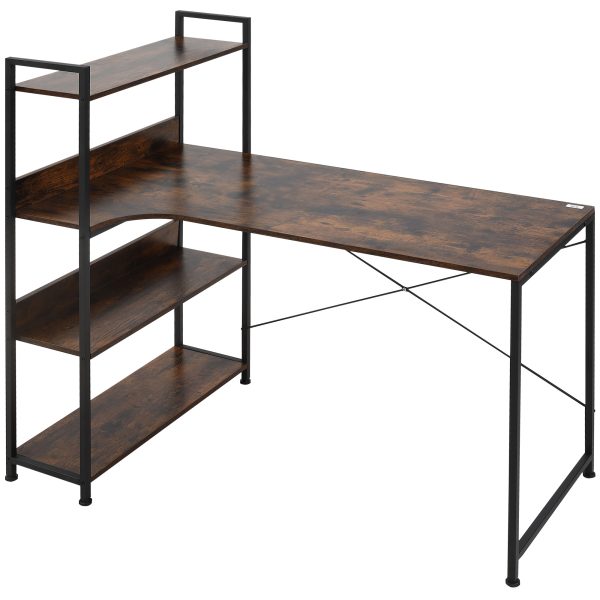 Retro Industrial Computer Desk  with 4-Tier Storage Shelf Metal Frame , Brown