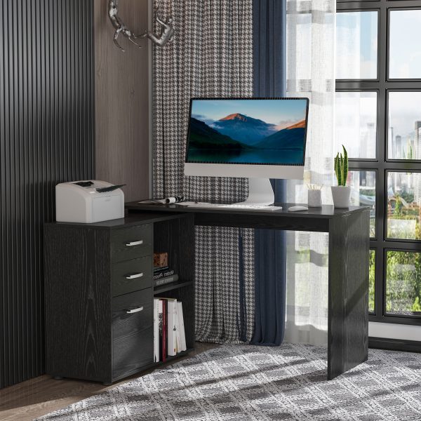 L Shape Computer Desk Workstation Home Office Drawer Shelf File Cabinet-Black - Image 7