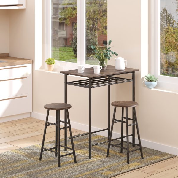 Bar Set includes 1 Bar Table and 2 Stools with Metal Frame Black and Oak - Image 2