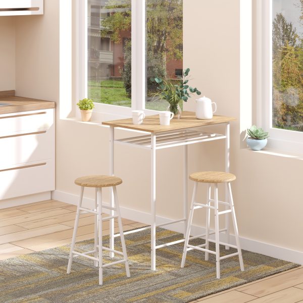 3Pc Bar Height Dining Furniture SetWhite and Oak 3-Piece Kitchen - Image 2