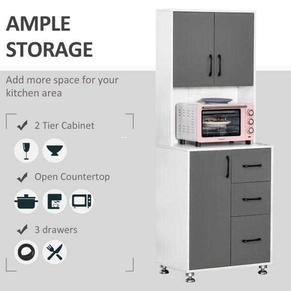 Kitchen Buffet 2 Cabinets, 3 Drawers Countertop, 60x40x150cm, Grey White - Image 4