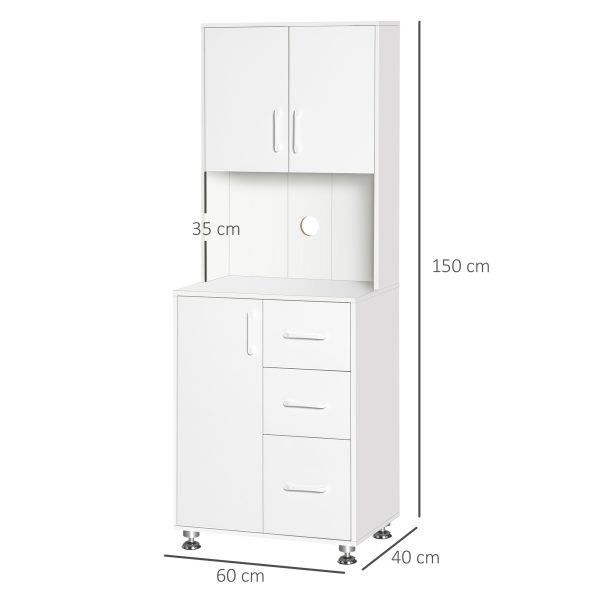 Kitchen Buffet Storage,2 Cabinets, 3 Drawers , 60x40x150cm, White - Image 3