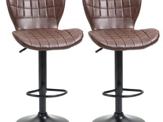 Set of 2 Adjustable Height Swivel Bar Chairs in PU Leather with Backrest Brown