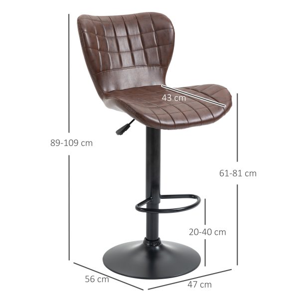 Set of 2 Adjustable Height Swivel Bar Chairs in PU Leather with Backrest Brown - Image 3
