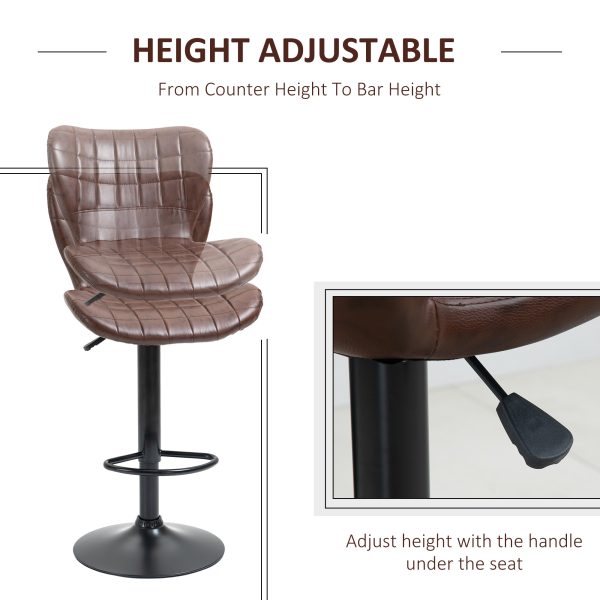 Set of 2 Adjustable Height Swivel Bar Chairs in PU Leather with Backrest Brown - Image 4