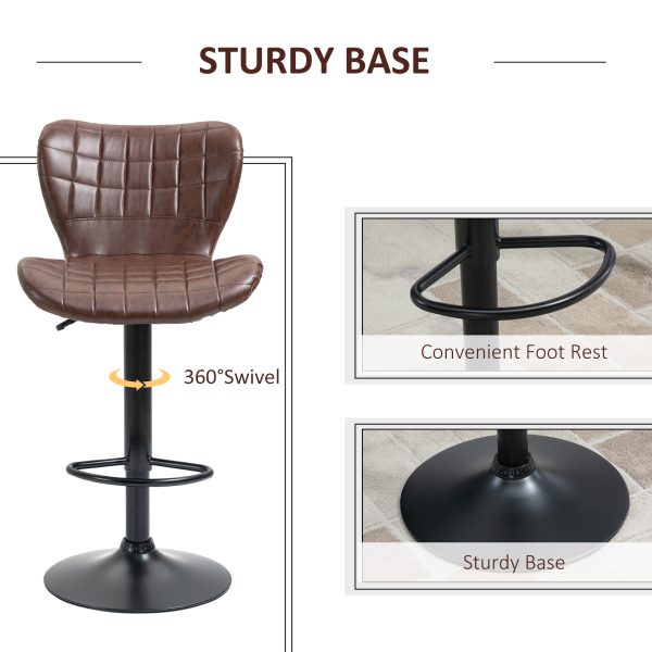 Set of 2 Adjustable Height Swivel Bar Chairs in PU Leather with Backrest Brown - Image 5