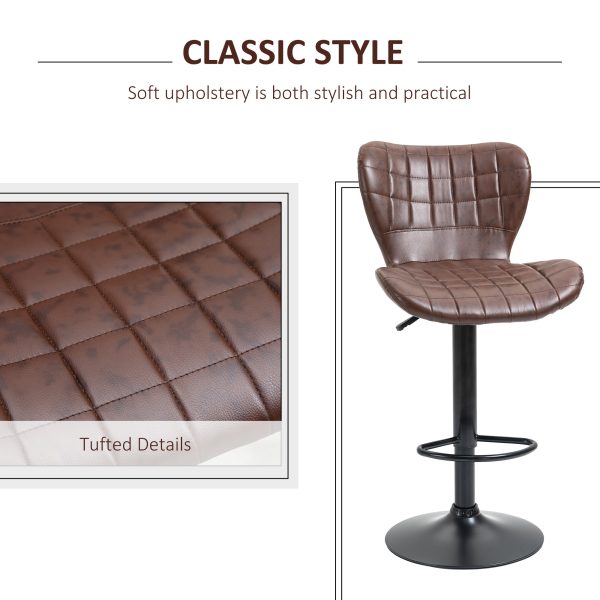 Set of 2 Adjustable Height Swivel Bar Chairs in PU Leather with Backrest Brown - Image 6