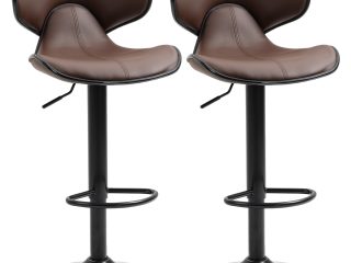 Set of 2, Barstools with Footrest and Backrest, Steel Frame Gas Lift Brown