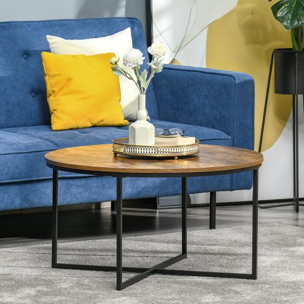 Industrial Round Side Table with Metal Frame, Large Tabletop, Rustic Brown - Image 2