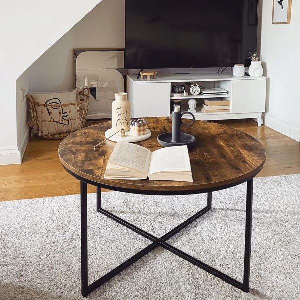 Industrial Round Side Table with Metal Frame, Large Tabletop, Rustic Brown - Image 7