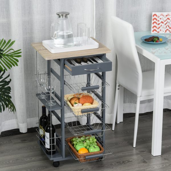 Kitchen Island Trolley w/ 4 Baskets 2 Side Racks Drawer Dark Grey - Image 2