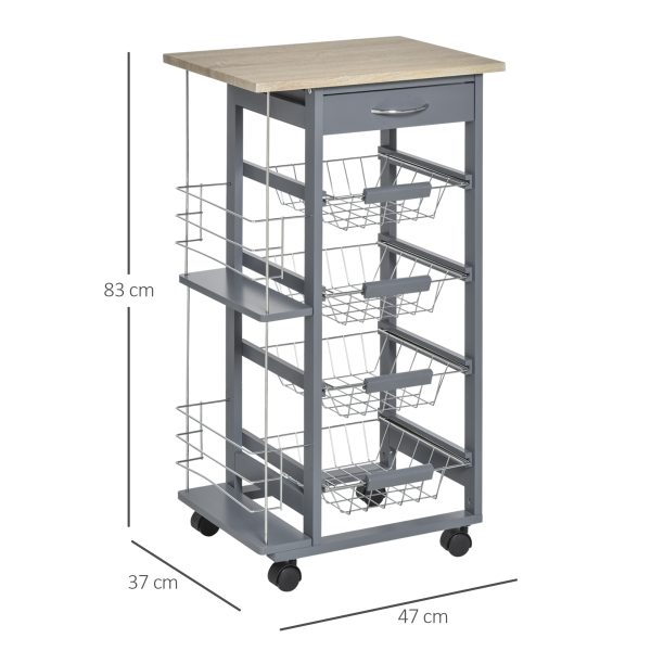 Kitchen Island Trolley w/ 4 Baskets 2 Side Racks Drawer Dark Grey - Image 3