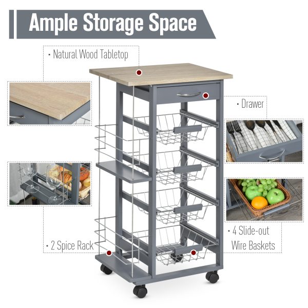 Kitchen Island Trolley w/ 4 Baskets 2 Side Racks Drawer Dark Grey - Image 4