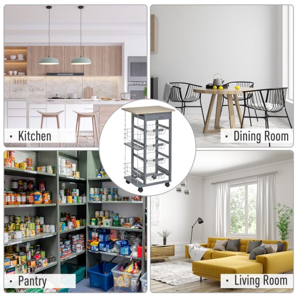 Kitchen Island Trolley w/ 4 Baskets 2 Side Racks Drawer Dark Grey - Image 5