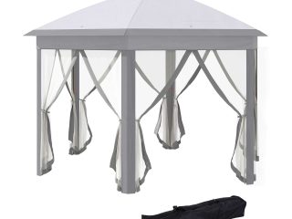 Hexagon Pop Up Gazebo Double Roof Netting, 4m x 4m, Grey w/ Mesh, 4x4m