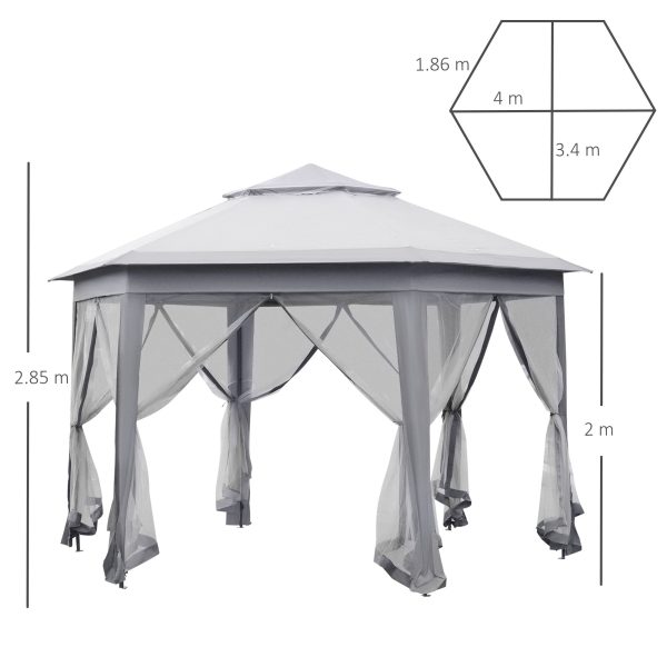 Hexagon Pop Up Gazebo Double Roof Netting, 4m x 4m, Grey w/ Mesh, 4x4m - Image 3