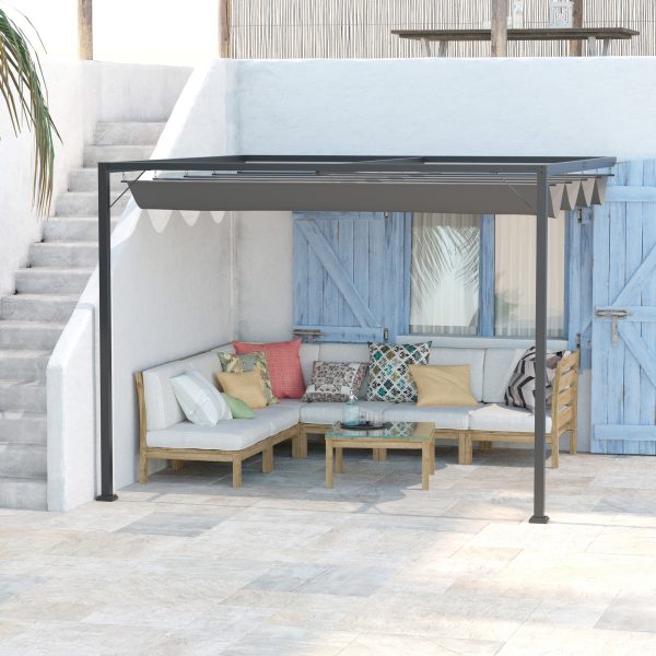3x3m Pergola Retractable Canopy Wall Mounted Gazebo Sun Shade, Grey - Image 2